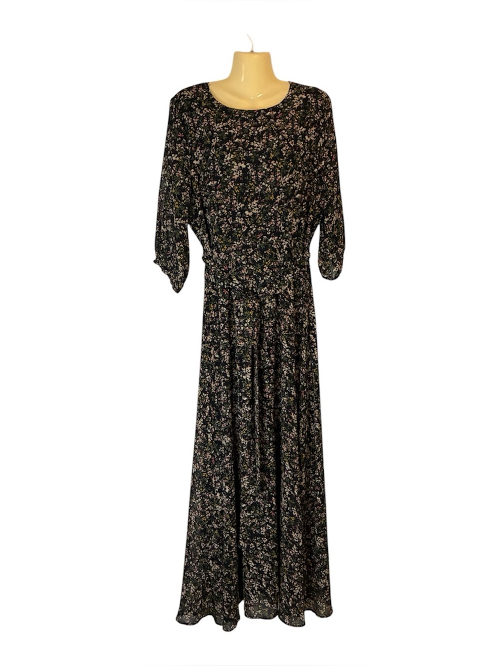 Baltic Born Rebecca Maxi Dress Belted Tie Waist Bohemian Retro Black Floral XL